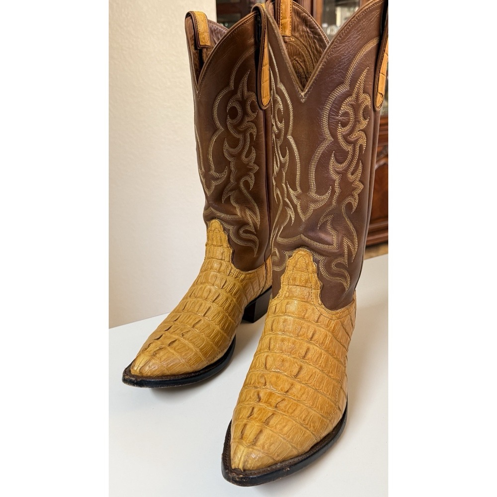 VTG Nocona Caiman Tail Cowboy Boots Men's 7 D Exotic Yellow Brown USA